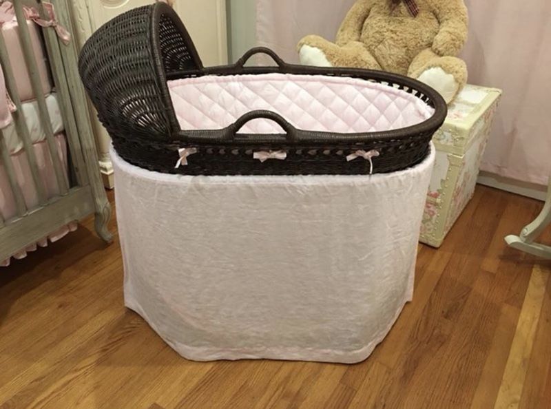Pottery Barn Wicker Bassinet Pink Organic Bedding Linen for Sale