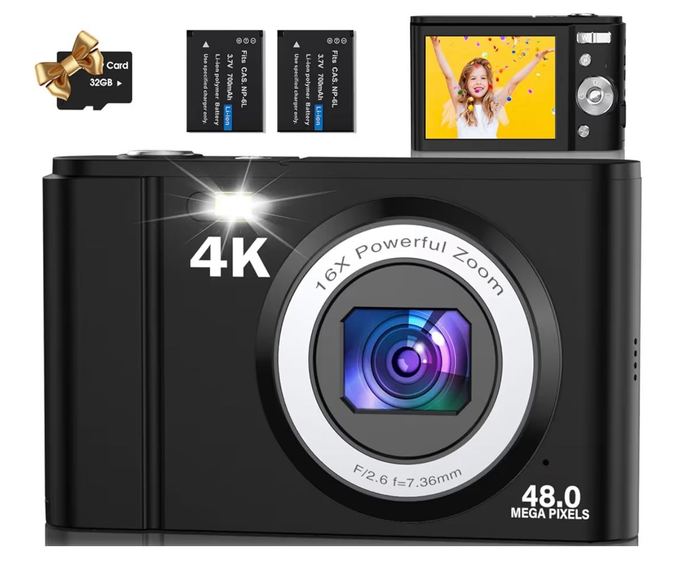 Brand New 48MP 4K Kids Camera - Compact Point & Shoot with 2.8" LCD, 16X Zoom & 32GB SD Card