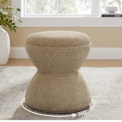 Tan Multi-Functional Boucle Ottoman, Vanity Stool Chair, Sturdy Rotating Wooden Footstool