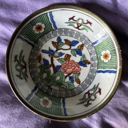 ACF Japanese Porcelain Ware Metal Encased Bowl Hand Decorated in Hong Kong 6”