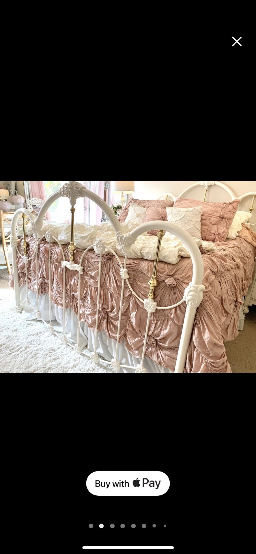 Free-Antique White Ivory Wrought Iron & Brass King Bed Frame