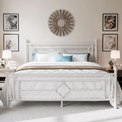 14 Inch Queen Size Metal Platform Bed Frame, Vintage Victorian Style, Wrought Iron Headboard and Footboard/Mattress Foundation for Storage/No Box Spri