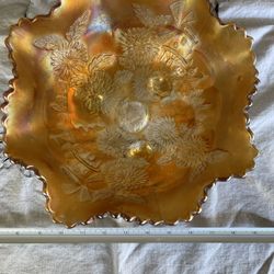 Vintage Fenton Art Glass Chrysanthemum Windmill Sailboats Marigold Carnival Bowl