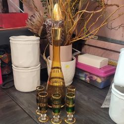 Vintage Glass Wine Bottle With Shots Glass Cups