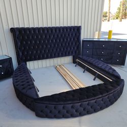 Black Velvet Tufted King Bedroom Set Bed Frame, Dresser, Nightstands Glam Modern