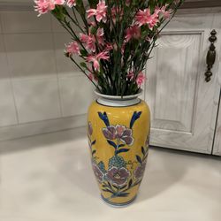 Vintage Canary Yellow Chinoiserie Porcelain Floral Vase