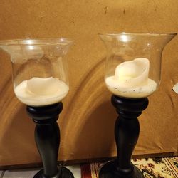 Pair of Wood Pillar Candle Holders with Glass Globes