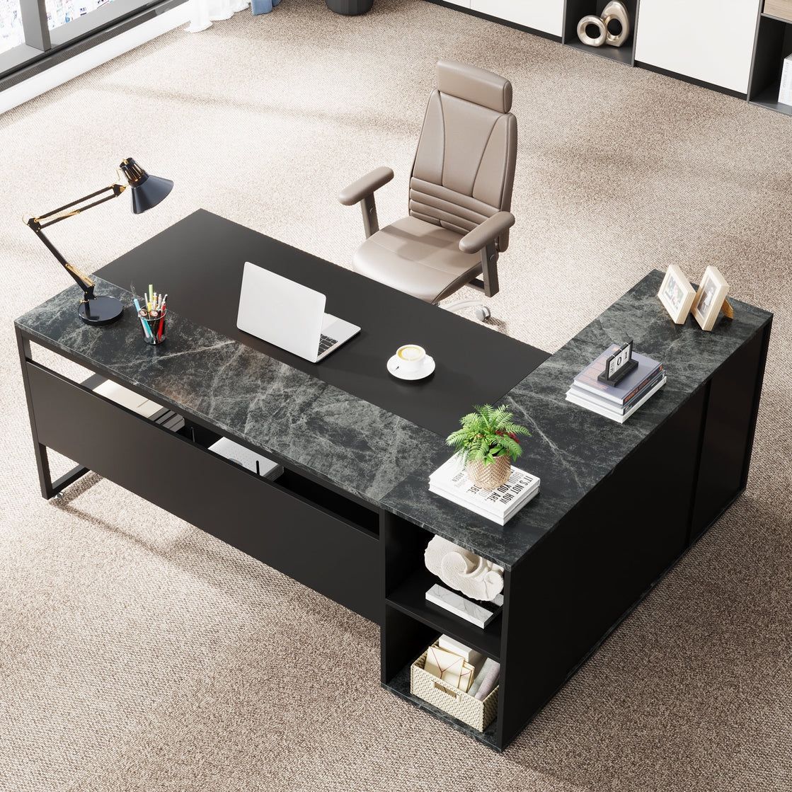 Large L-Shaped Desk, 71 inch Executive Desk with Shelves & Cabinet