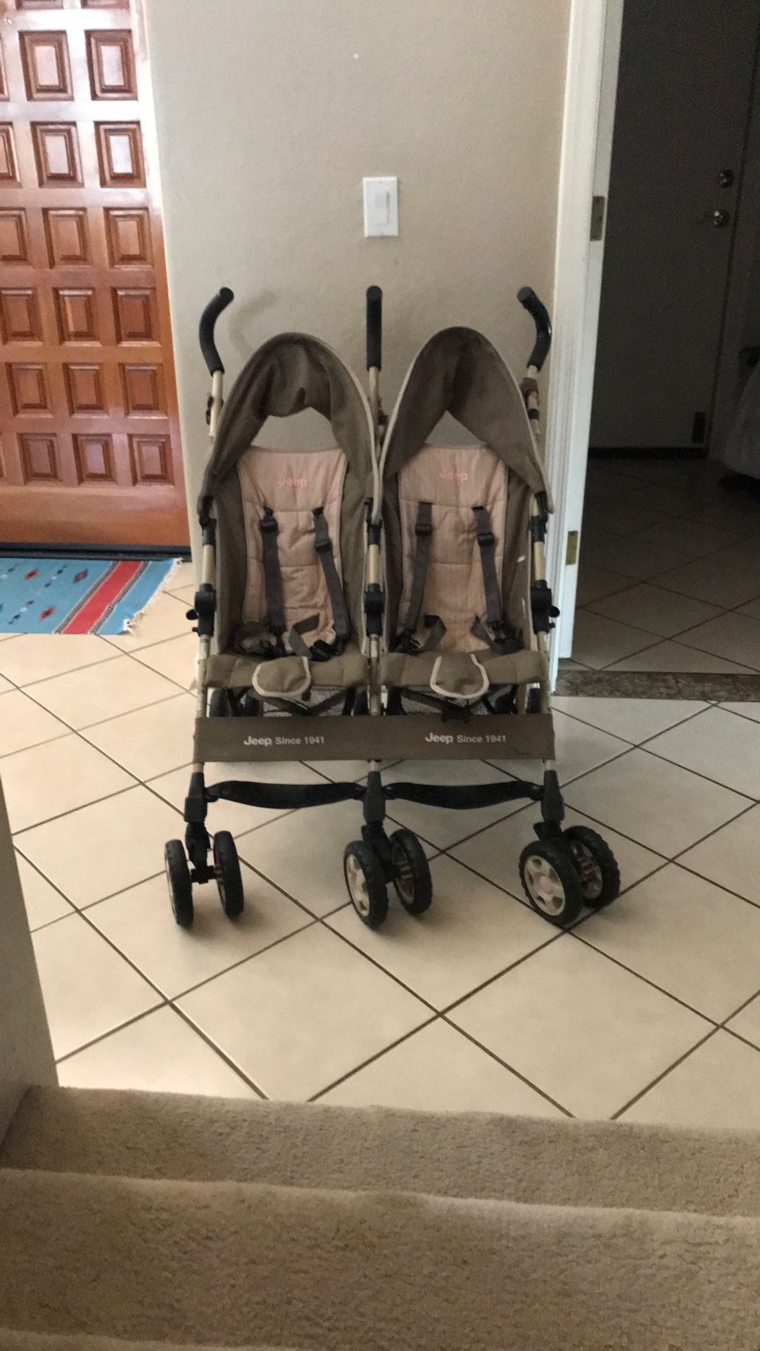 Jeep Twin / Double Stroller Beige/Brown And Pink Fabric So Cute