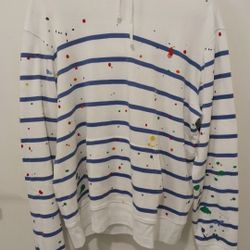 RED PONY Polo Ralph Lauren Men Meduim White Blue Stripe Paint Splatter