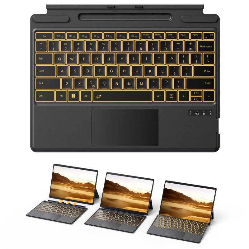 TECURS Bluetooth Keyboard for Microsoft Surface Pro 11/10/9/8/X (13") - Charging Via Type-C Cable(Included), 7-Color Backlit, Trackpad, Pencil Slot, B
