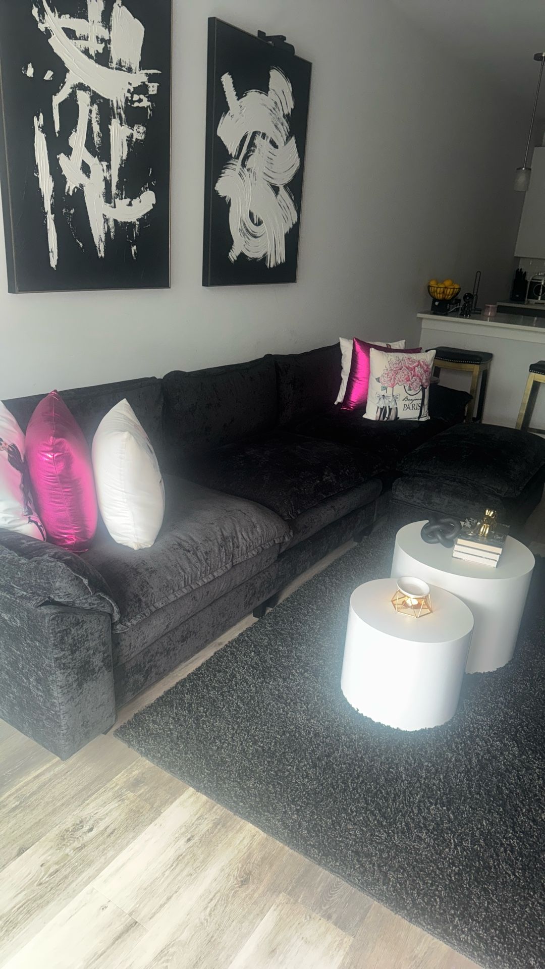 Black velvet Set Couch White Two Coffee Table Set Included