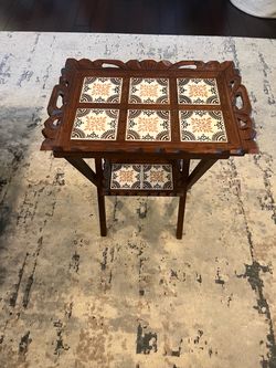 Vintage Folding table made of carved wood and Talavera tiles, Mexico