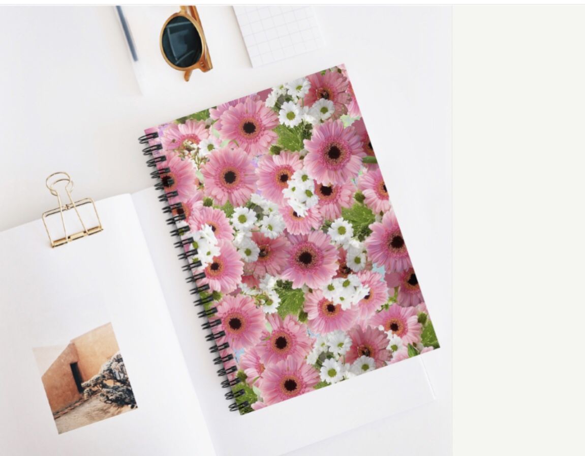 Floral Spiral Notebook - Ruled Line, Pink and White Flowers Journal, Pretty Floral Notepad, Girly Notebook, Cute Flower Diary, Gift