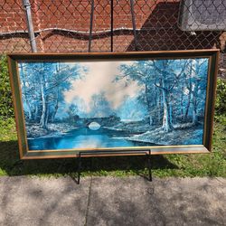 Vintage Large Framed Landscape Print Bridge Stream Blue Wall Art Decor MCM