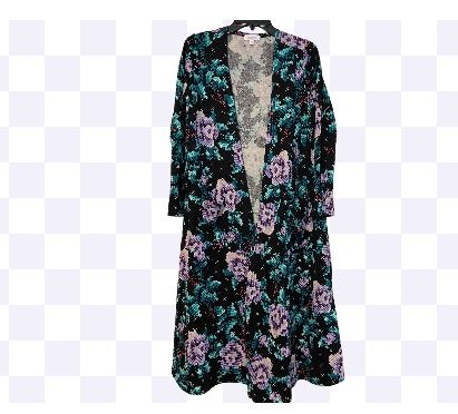 LuLaRoe Sarah Duster Cardigan Kimono Black Floral Cross Stitch Print Size M