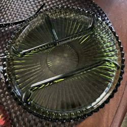 1960's*Vintage* Avocado Green*Glass* Relish/Pickle Tray Divided Plate Sunburst