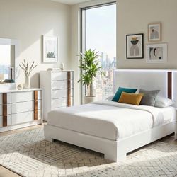 Modern Queen Bedroom Set White LED Luxury Design ✨ Delivery Available