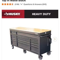 Husky 72 in. W x 24 in. D Heavy Duty 18-Drawer Mobile Workbench Cabinet with Adjustable-Height Hardwood Top in Matte Black