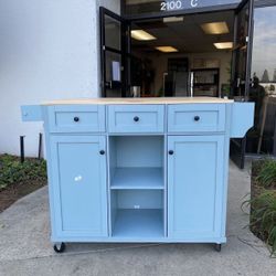 On Sale!! $180.00!! New Wooden Farmhouse Kitchen Island w/ Drop Leaf Countertop & Wheels Portable Rolling Island