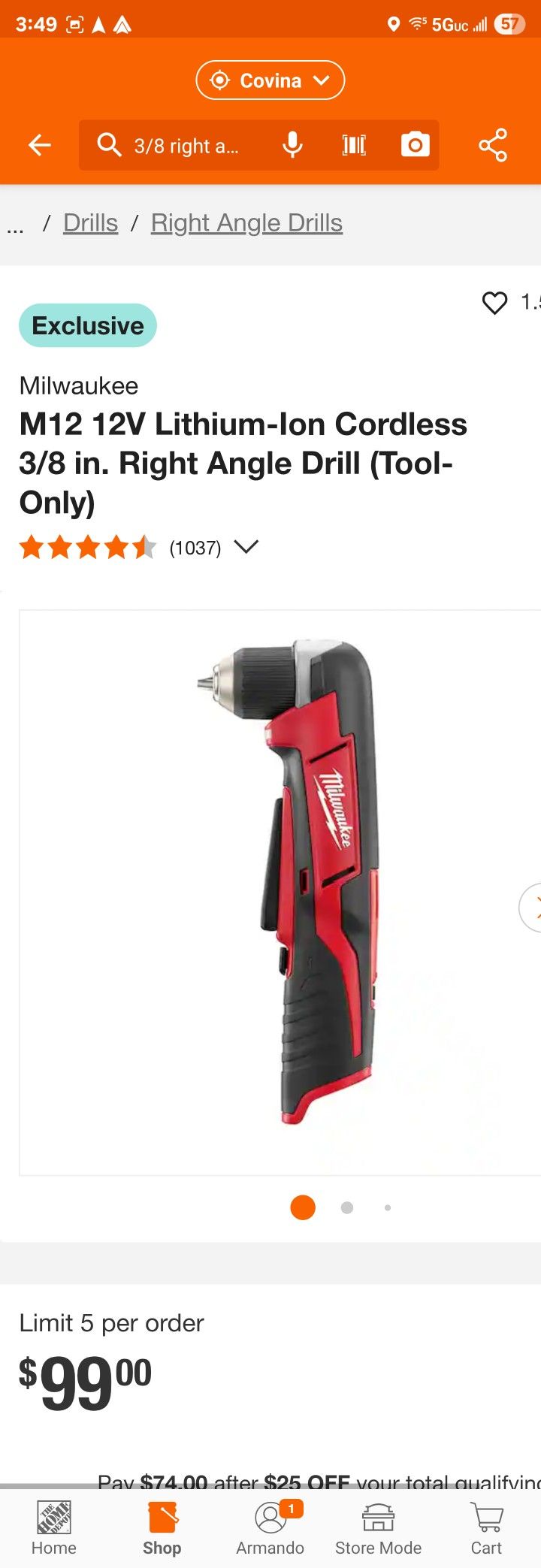 M12 12V Lithium-Ion Cordless 3/8 in. Right Angle Drill (Tool-Only)