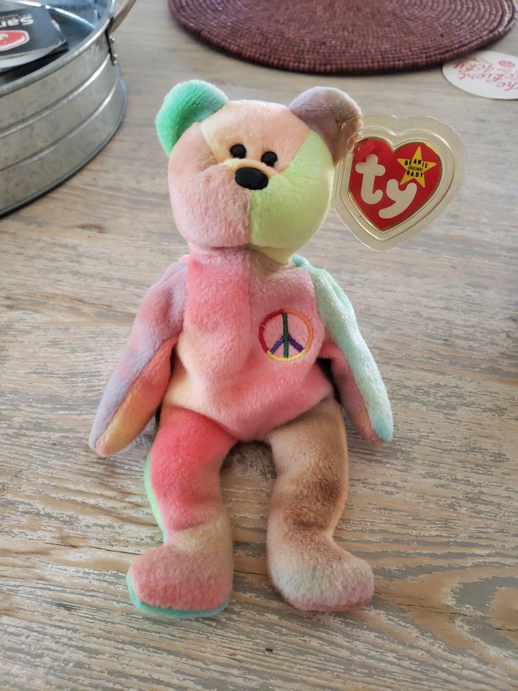 Rare Peace Bear TY beanie baby with tag errors