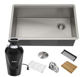 Kraus Kore 30" Undermount Single Basin Stainless Steel Kitchen Sink with Basin Rack, Basket Strainer, Cutting Board, and Garbage Disposal