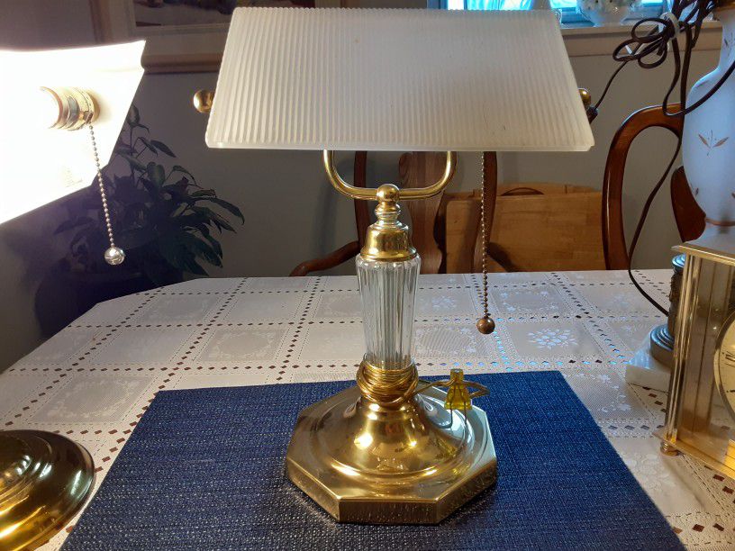 About 15inches Tall This Is A Very Nice  DESK LITE  or TABLE LAMP  BRASS  ON THE BOTTOM AND GLASS in The MIDDLE 