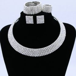 Crystal Rhinestone Choker Necklace Earrings Bracelet Ring Jewelry Set
