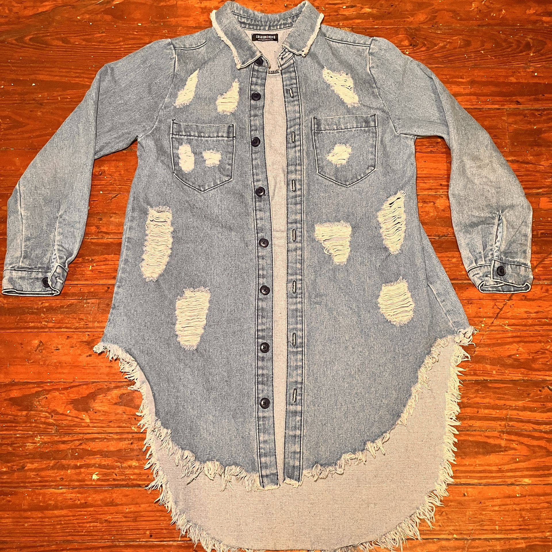 Oversized Distressed Denim Long Jacket