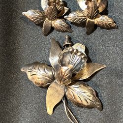 Vtg Taxco Mexico 925 Orchid Flower Brooch Sterling Silver Pin with Matching Pierce Earrings