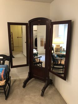 Large Antique Wood Tri-Fold Standing Mirror
