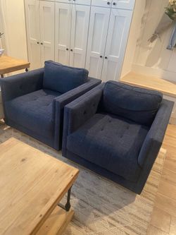 Set of Blue Swivel Club Chairs