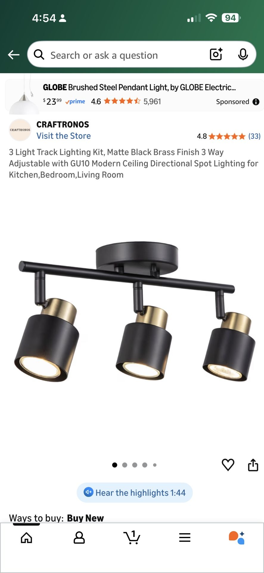 3 Light Track Lighting Kit, Matte Black Brass Finish 3 Way Adjustable with GU10 Modern Ceiling Directional Spot Lighting for Kitchen,Bedroom,Living Ro