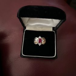 14k Gold Ring With Cultured Ruby & Diamonds 
