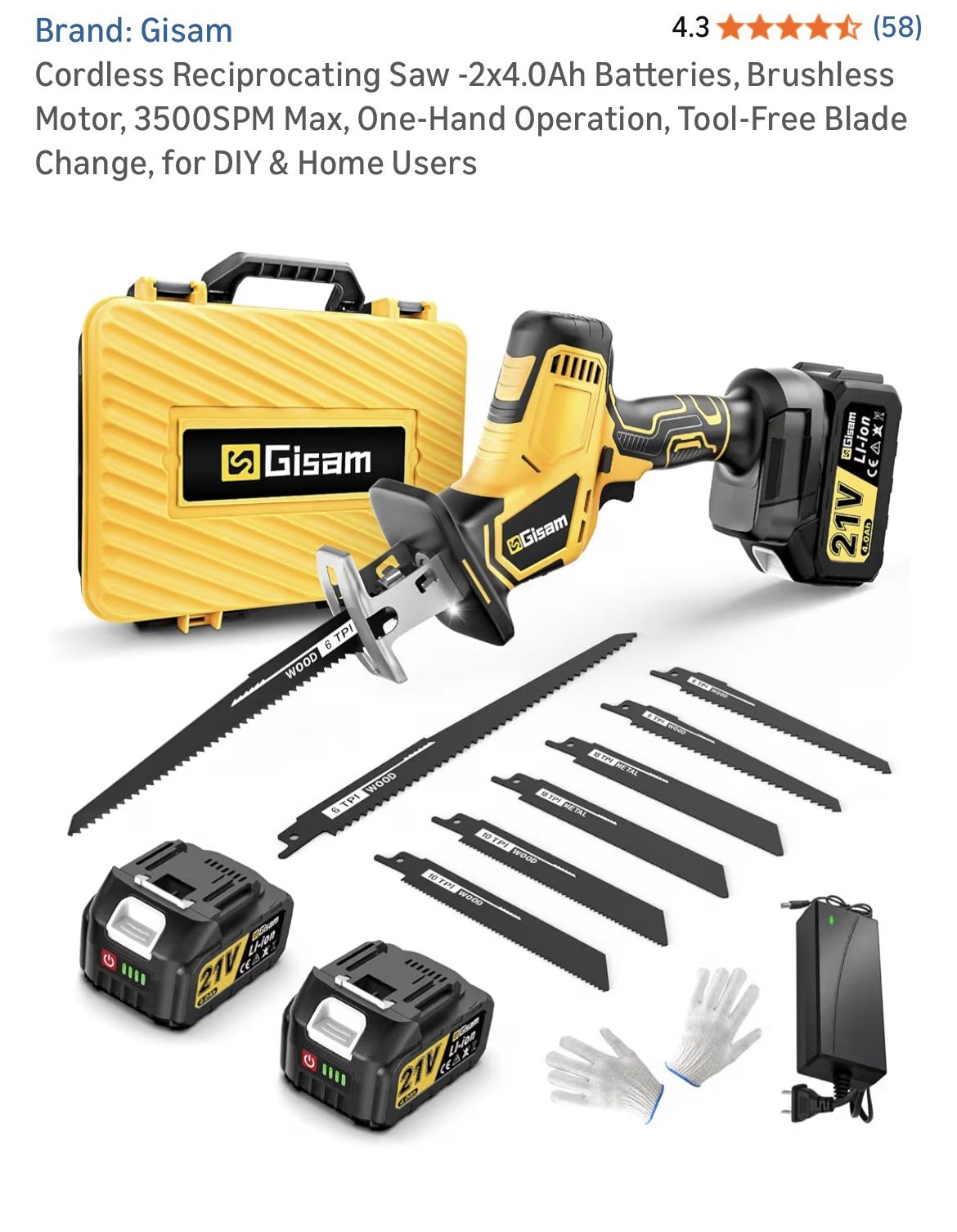 Cordless Reciprocating Saw 2x4.0Ah Batteries, Brushless Motor, 3500SPM Max, One Hand Operation, Tool Free Blade Change, for DIY & Home Users