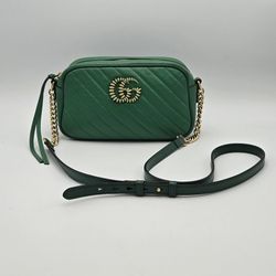 Gucci Azalea GG Marmont Small Matelassé Camera Bag in Green Calfskin Leather