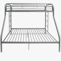 🔥🔥Silver Metal Twin Over Full Bunk Bed with Built-in 2-Side Ladders 62X64
