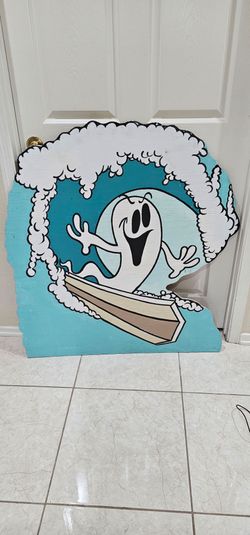 Halloween Hand-Painted Surfing Ghost Wood Cutout Sign
