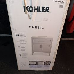 Kholer Chesil 30in. Single Sink Freestanding Atmos Grey Bath Vanity with Bianco Bella Quartz Top