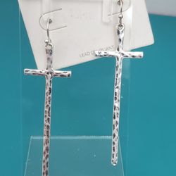 Silver Tone Hammered Metal Long Cross Pierced Earrings 
