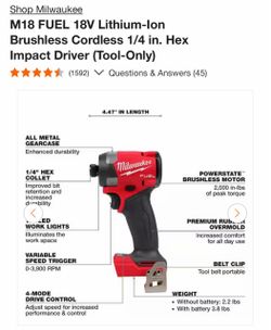 M18 FUEL 18V Lithium-Ion Brushless Cordless 1/4 in. Hex Impact Driver (Tool-Only)