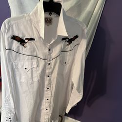 Ely Cattleman White Eagle Emroidered Button-Up Western Shirt Mens Size Large 