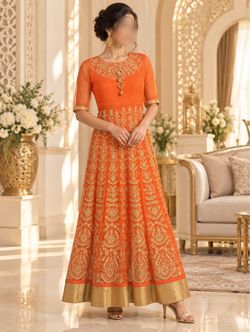 Orange Gold Embroidered Anarkali Gown