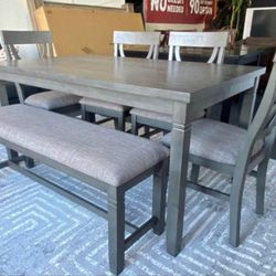 ✅️✅️ (6 pc bridget ii grey finish wood dining table set padded seat chairs and bench. 