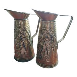 Vintage Made in England Brass Pitcher Embossed Scene (Set of 2)