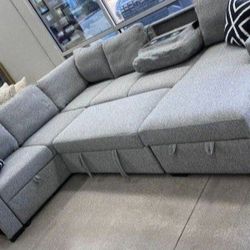 ✅️✅️4 pc Grey boucle fabric sectional sofa with storage chaise and love seat and pop up sleep area in center drop down tray tables✅️✅️✅️