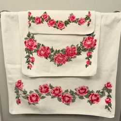 Vintage Terri-down Martex all cotton pink roses 3 piece towel set Unused new old stock  One Bath towel 24” wide x 44 1/2” long,  one washcloth 13” x 1