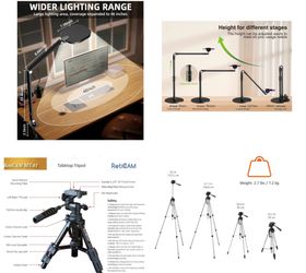 Four items: Lighting Dimmable Light and Tabletop Tripod and overhead phone stand and Tripod
