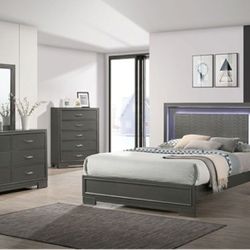 Brand New Metallic Gray 4pc Queen Size Bedroom Set 